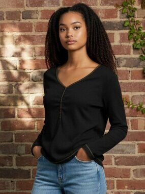FDJ Womens Large Black Long Sleeve Henley Pullover Shirt Top Size L Y2K